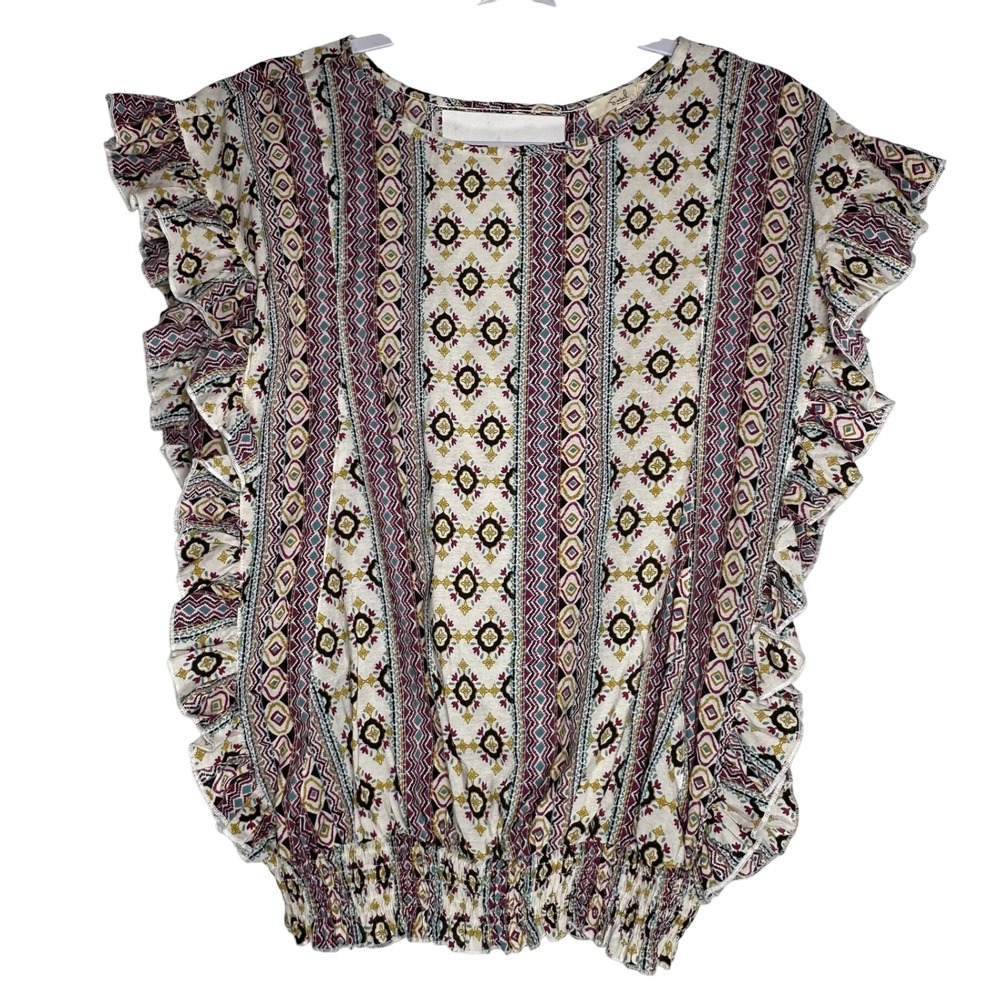 Easel Boho Ruffle Sleeve Smocked Hem Geometric Tribal Print Blouse Small